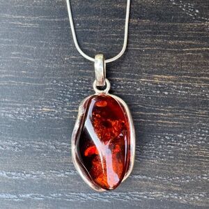 Vintage Genuine Cognac Baltic Amber Pendant, Sterling Silver Frame 18in Necklace